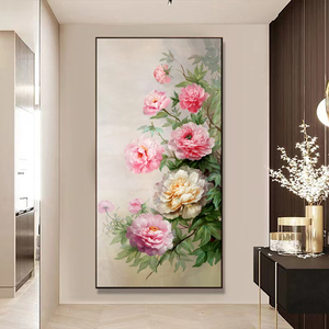 手绘油画牡丹花花开富贵中式挂画入户走廊过道客厅玄关装饰画壁画