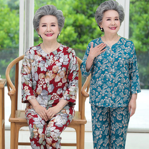 奶奶装夏装新款舒适透气八分袖棉绸套装两件套中老年女装老人衣服