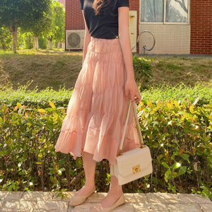 ikoon肉桂豆沙色设计感裙子夏季仙女裙中长款 a字半身裙女夏纱裙