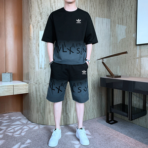 阿迪达斯短袖套装男士t恤夏季纯棉短裤宽松休闲情侣两件套运动服