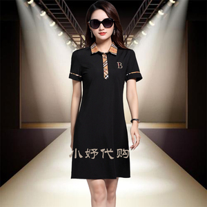 巴宝莉纯棉女装2022夏季新款格子领气质修身黑色连衣裙polo领裙子