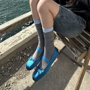 EMEAN蓝色法式单鞋女2024夏季新款圆头蝴蝶结一字带平底玛丽珍鞋