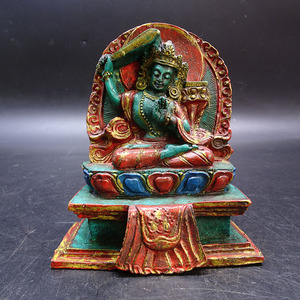 藏传老石佛纯手工雕刻绿松石色高浮雕描金绿度母古代观音菩萨佛像