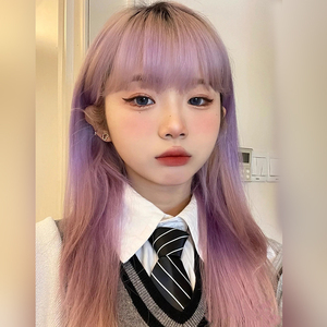 欧美假发女粉紫色渐变中长直女短发彩色网红整顶齐肩锁骨发全头套