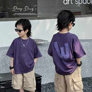 叮叮家童装男童紫色短袖儿童纯棉夏装新款上衣T恤男孩夏季半袖潮