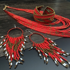 民族风红色个性项链耳环手镯套装 多层米珠项链necklace复古苗饰