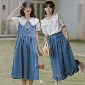 牛仔背带裙两件套装裙子夏季减龄女学生学院宽松姐妹闺蜜装连衣裙