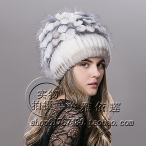 新款獭兔帽子时尚女式兔毛狐狸毛帽子毛线缝制编织花型帽包头帽