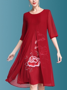 A6658黑红重工刺绣假两件连衣裙女春秋新款时尚宽松大码