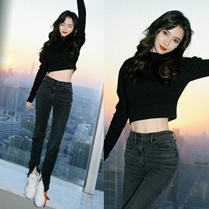 杨颖angelababy同款黑色牛仔裤高腰修身针织毛衣开叉裤子女套装