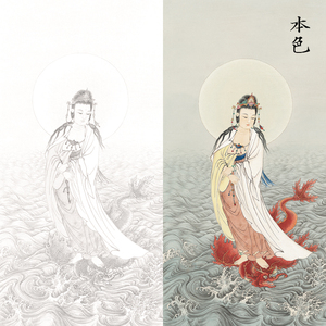 gy32工笔画骑龙观音白描底稿龙头观音辟支佛身临摹线描底稿打印稿