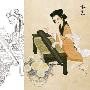 工笔国画抚琴图仕女人物工笔画白描底稿线描稿临摹勾线实物打印稿