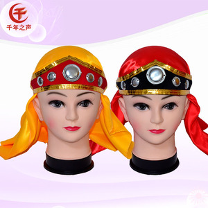 红黄色男女款民族演出道具帽子打锣打鼓舞龙头饰威风锣鼓三角头巾