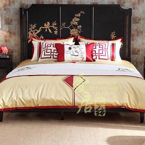 中式天丝金色刺绣古典家用家具配套床上用品多件套装样板房床品