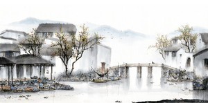 高仿真 国画工笔画 宣纸画芯《江南水乡》水彩水墨山水画四尺横幅