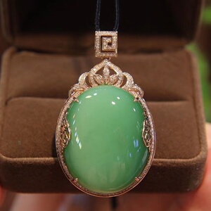 天然精品和田玉碧玉猫眼蛋面吊坠 18k金镶钻俄罗斯老料猫眼玉珠宝