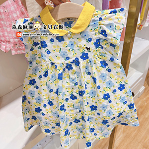 韩国23年夏女宝宝童装蓝色碎花薄款单排扣翻领飞边短袖洋气连衣裙