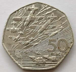 英国1994年50便士 诺曼底登陆作战纪念币 飞机 铜镍硬币 30mm如图