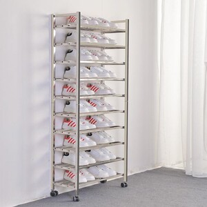 不锈钢鞋架特价多层金属鞋架子阳台防晒移动置物架带轮子配万向轮