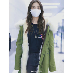欧韩angelababy杨颖同款白毛领军绿色派克服大衣内胆仿皮草毛外套