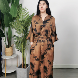 倾城 真丝香云纱连衣裙v领文艺盘扣腰封长袍夏季桑蚕丝长裙