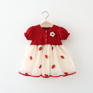 女宝宝夏季短袖裙子2024新款婴儿纯棉连衣裙小女孩红色网纱公主裙