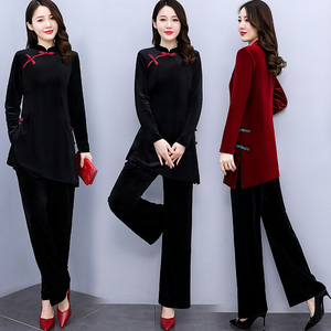 唐装女装两件套 高端中国风裤子套装春秋潮 改良旗袍上衣复古盘扣