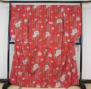 二手中古大正风矢羽樱花柄红色系化纤毕业式二尺袖小振袖和服