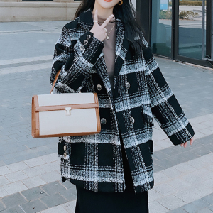 黑白色格子毛呢外套女2021年冬季新款加棉加厚中长款宽松呢子大衣