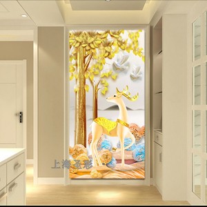 欧式3d立体玄关壁纸背景墙 走廊壁画过道墙纸 简欧金色麋鹿发财鹿