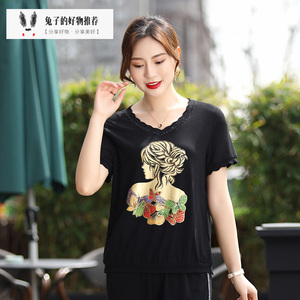 亨格舒大码2022女装夏季新品短袖气质百搭休闲妈妈宽松遮肉t恤