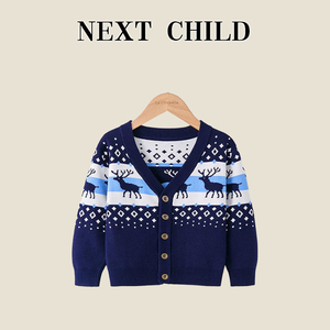 英国Next Child男童圣诞节小鹿针织毛衣女童欧美纯棉V领开衫外套