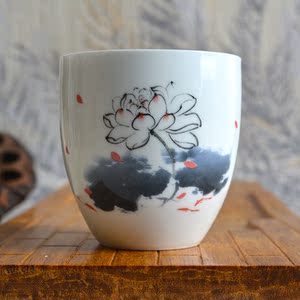 品茗高杯莲花釉下彩手绘茶杯大号汉白瓷荷花陶瓷薄胎礼盒功夫茶具