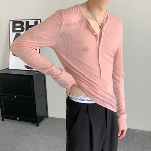 长袖t恤男2024新款夏季薄款透视弹力深V打底衫粉色修身显瘦设计感