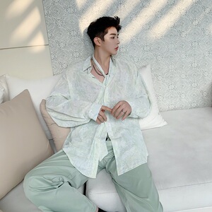 淘宝 英伦风走秀性感透明蕾丝衬衣男士大码休闲碎花透视装衬衫dj演出