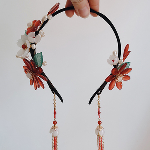 飞花记原创古风汉服懒人发箍淡水珍珠重工流苏簪花红色玛瑙头饰