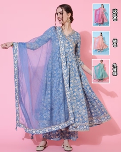 印度进口民族风女装纯棉印花连衣裙七分袖日常休闲3件套 4色