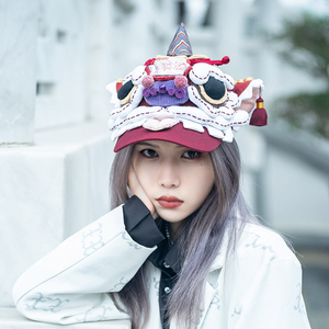 芽小七原创手作国潮醒狮贴布棒球帽生出游遮阳帽子圆顶宽檐女防晒