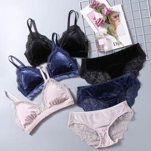 高档丝绒真丝文胸套装 桑蚕丝光面无痕胸罩 性感舒适无钢圈内衣