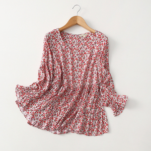 外贸原单 甜美减龄 宽松显瘦小碎花棉绸衬衫女长袖人造棉印花上衣