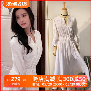 刘诗诗明星同款白色收腰连衣裙女夏季法式镂空初恋超仙气质长裙子