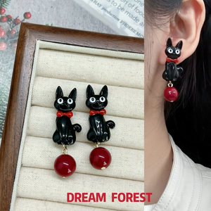 红色领结黑色可爱立体猫咪耳环红色珠子甜酷风设计感撞色耳钉耳夹