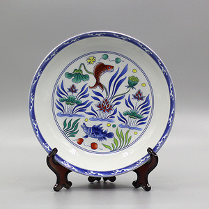 大清雍正年制青花斗彩鱼藻纹瓷盘仿古瓷器古董古玩老货收藏摆件