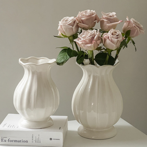 法式陶瓷花瓶轻奢高级感小插花复古玫瑰芍药客厅摆件白色奶油风