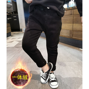 韩国代购冬新男童加绒弹力牛仔裤儿童修身一体绒小脚裤大童洋长裤
