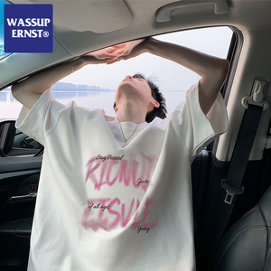 WASSUP ERNST白色纯棉短袖T恤男夏季薄款字母印花百搭半袖上衣服