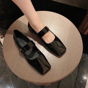 inkingpot 漆皮一字带方头平跟牛皮黑色法式复古赫本鞋玛丽珍单鞋