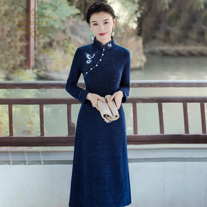 LOGULEYA复古立领老上海改良旗袍女长款日常无开衩长袖优雅连衣裙