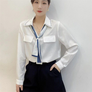 白色衬衫女带丝巾2022春季新款韩版时尚气质上衣衬衣一家人22b20