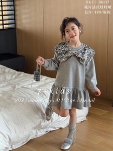 【高品质】品牌女童装儿童中大童春季时髦甜美蝴蝶结卫衣连衣裙